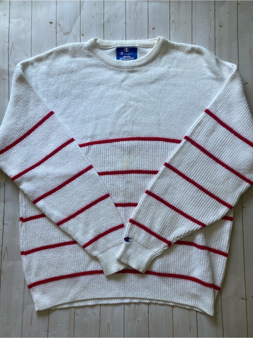 Vintage Champion USA Knit Sweater XL White Red Striped Crewneck Made In USA